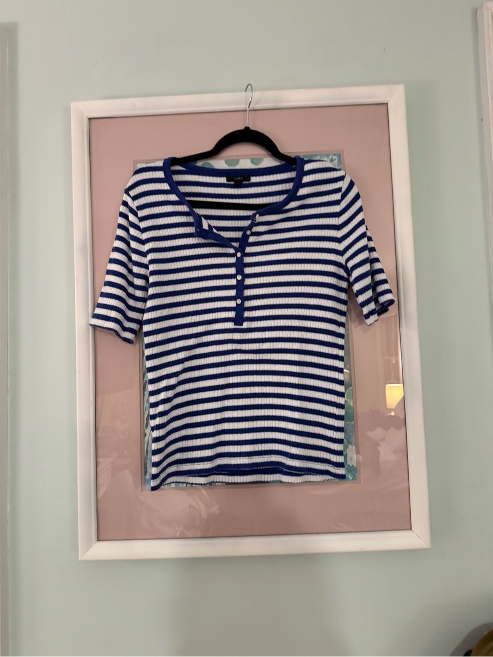 J. Crew Blue and White Striped Ribbed Henley Tee